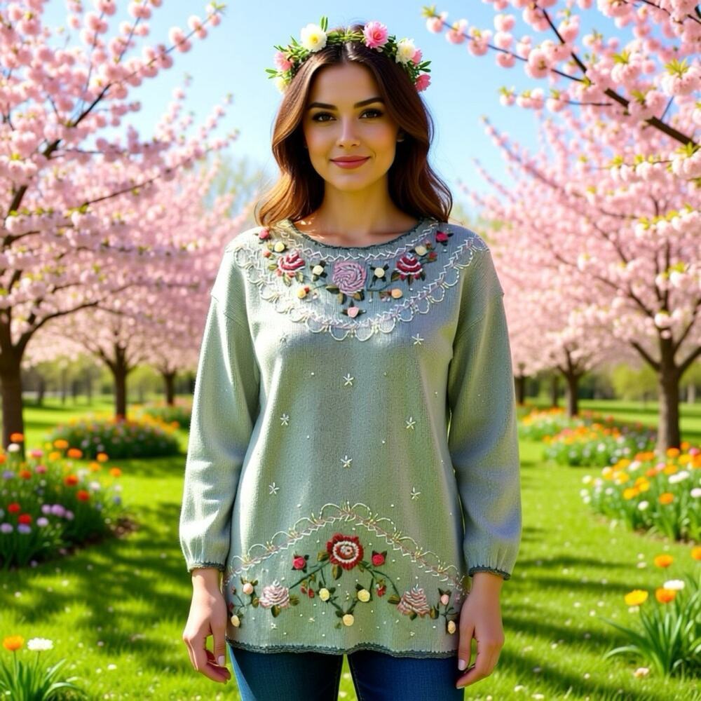 VTG Cottagecore Floral Beaded Sweater Shenanigans Knitwear Embroidered Women M